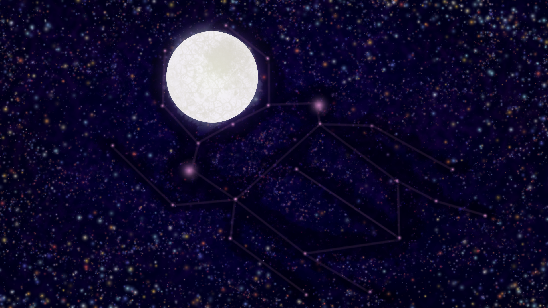 a digital painting depicting a sea of colourful stars on a dark purple background. In focus is a large full moon, and a collection of pink stars forming a constellation in the shape of a scarab beetle, which appears to be grasping the moon in its mandibles and lifting it heavensward.